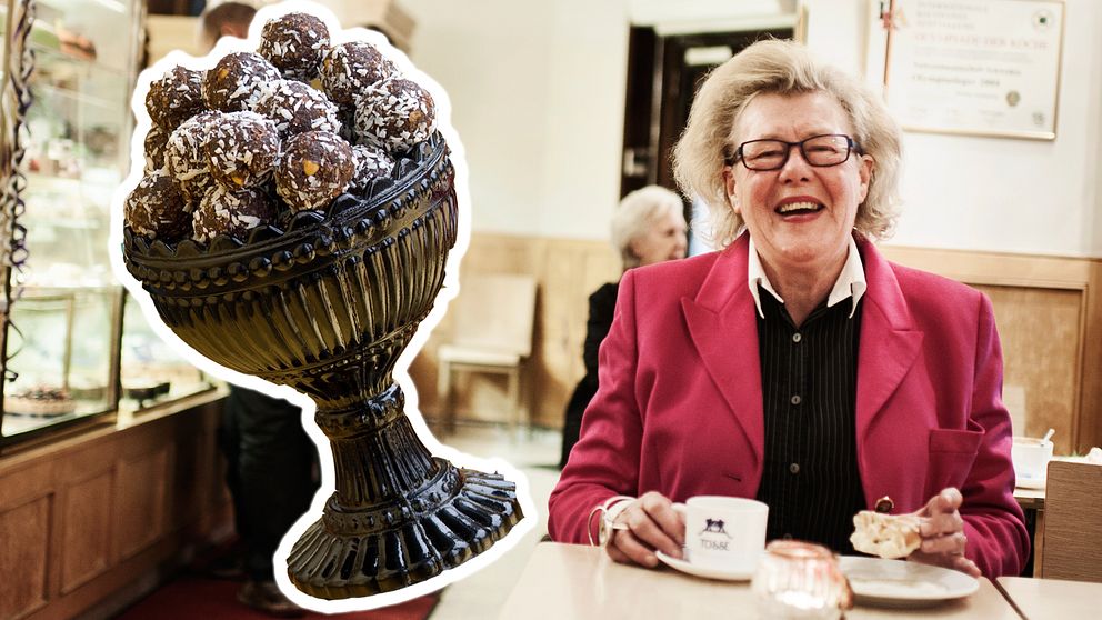 Skål med chokladbollar och bild på Birgitta Rasmusson.
