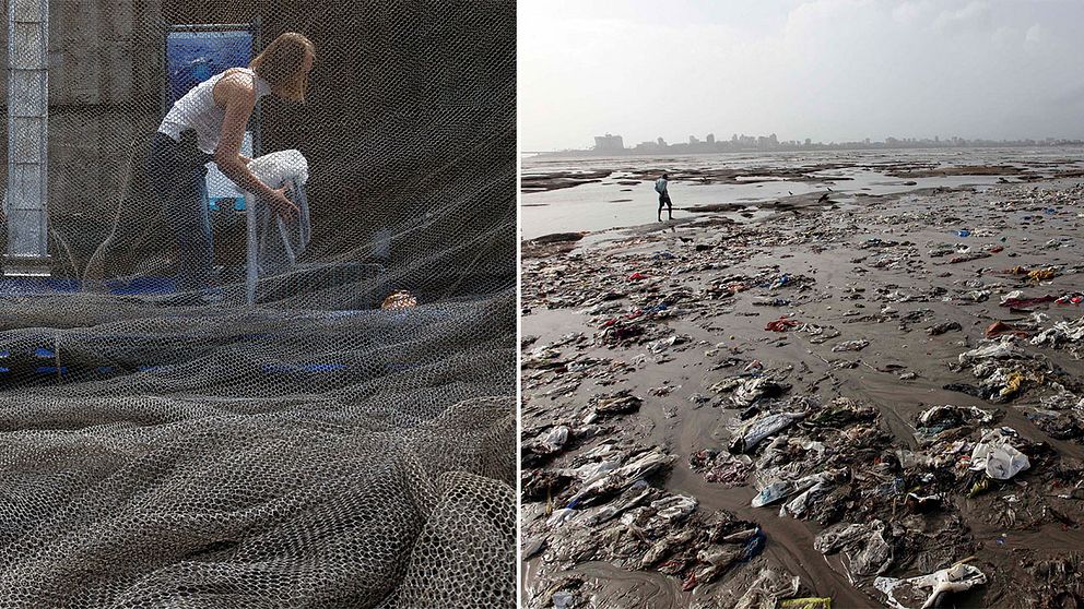 Stiftelsen Ocean Cleanup förbereder supernät (till vänster). Plast har sköljts upp på stranden i Mumbai, Indien (till höger). Bilden är ett montage.