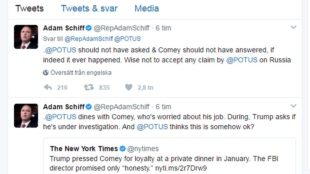 Den demokratiske kongressledamoten Adam Schiff twittrar om Donald Trumps middag med James Comey.