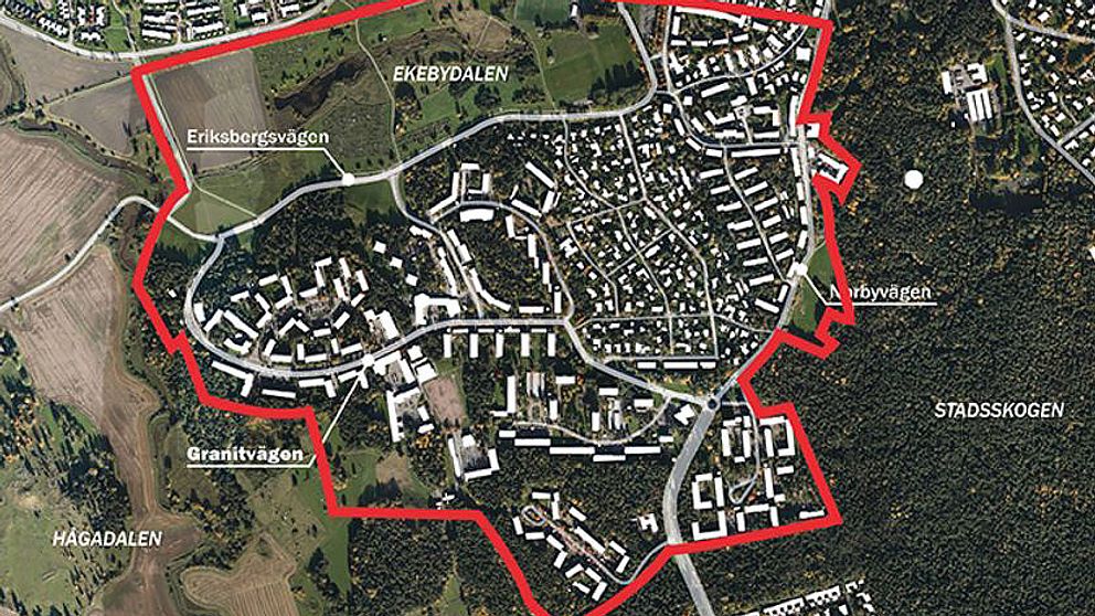 Den röda linjen i bilden visar området som kommer att tas upp i planprogrammet för Eriksberg och Ekebydalen.