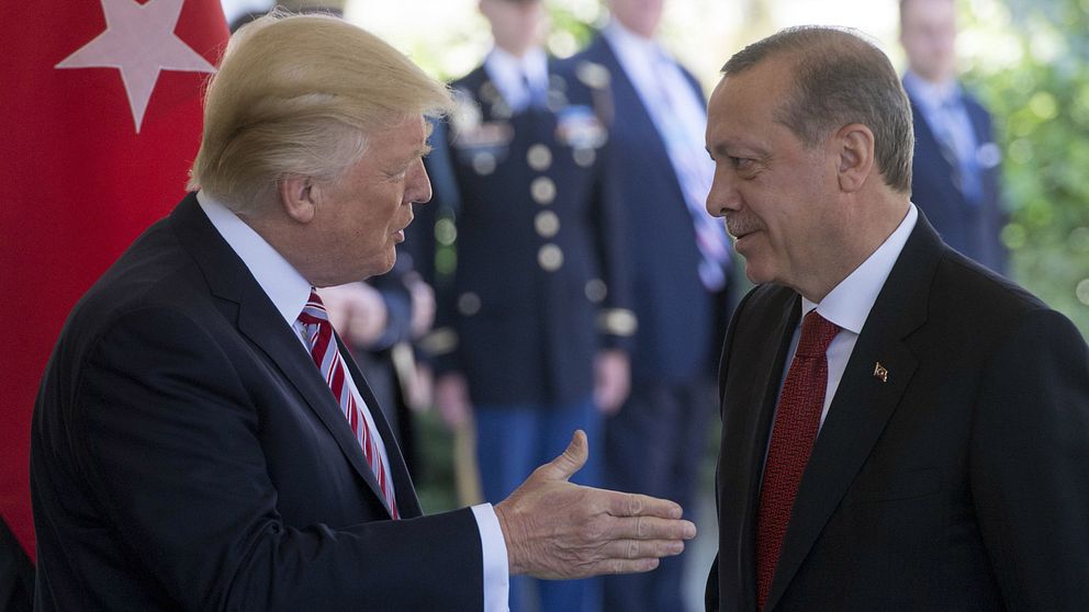USA:s president Trump sträcker ut handen till Turkiets president Erdogan vid mötet i Washington.