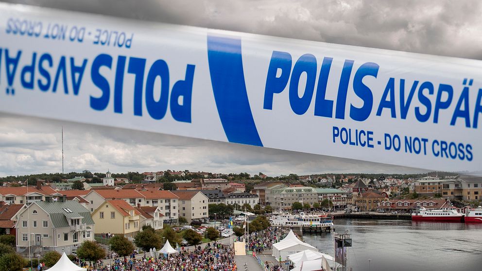 Översiktsbild av Strömstad och avspärrningsband från polis