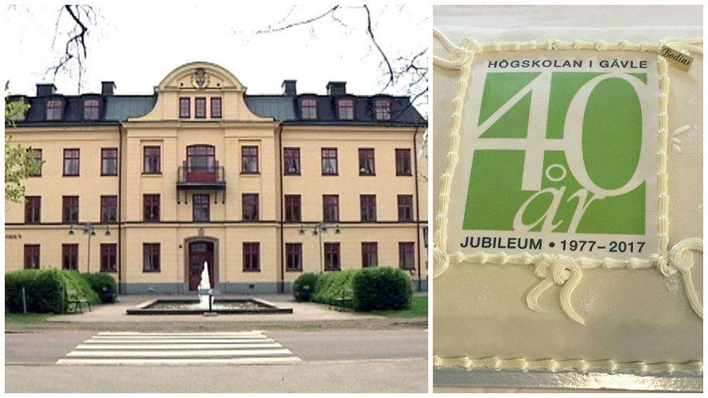 två bilder. Högskolan i Gävle och en tårta.