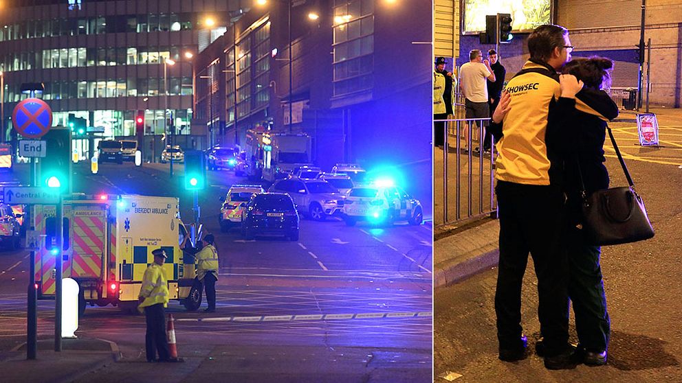 Bild på ambulanser och polisbilar med blinkande blåljus. På bilden intill kramar ledsna människor om varandra utanför arenan där dådet inträffade.