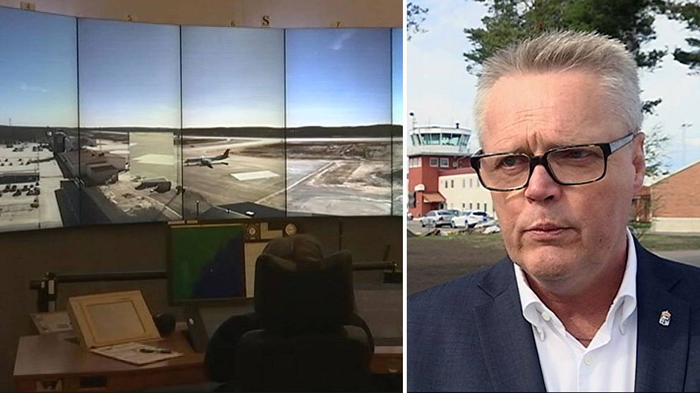 Kontrollrum för fjärrstyrda flygplatser och porträtt på landshövding Jörgen Hägglund.