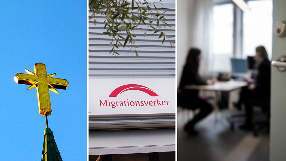 Tredelad bild med ett kors, skylt på Migrationsverket, anonym bild på två personer som sitter på ett kontor