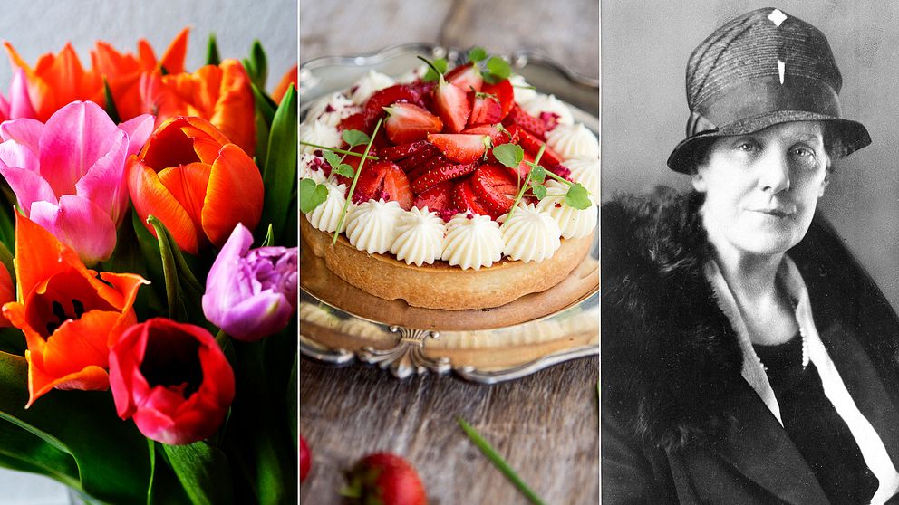 Tulpaner och tårta med jordgubbar. Svartvit bild på kvinna med hatt och intensiv blick. Kvinnan är Anna Jarvis, som startade mors dag.
