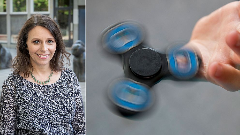 Psykologen Jenny Klefbom syns tillsammans med en snurrande leksak, en ”fidget spinner”.