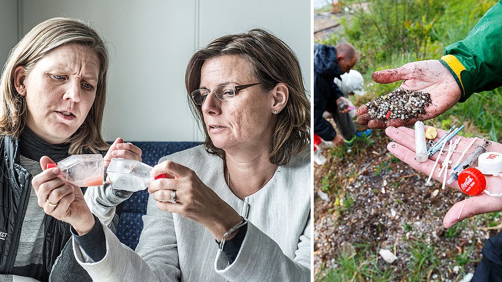 Miljöminister Karolina Skog (MP) och klimatminister Isabella Lövin (MP) tittar på behållare med mikroplaster.