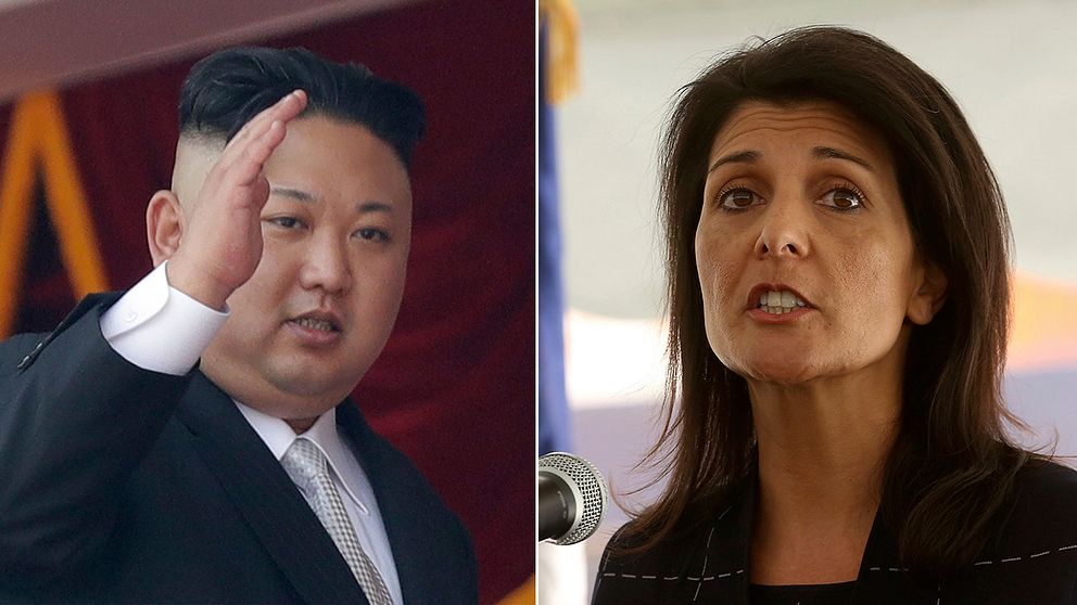 Nordkoreas ledare Kim Jong-Un och USA:s FN-ambassadör Nikki Haley.