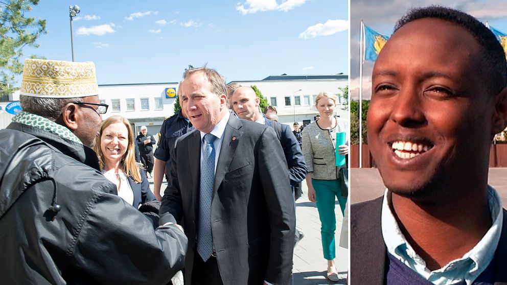 Tvådelad bild. Bild 1: Stefan Löfven (S), statsminister, pratar med en man i Rinkeby. Bild 2: Ahmed Abdirahman, arrangör av Politikerveckan.