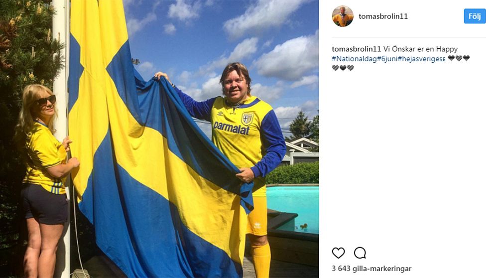 Ingen gör nationaldagen lika mycket som Tomas Brolin. ”Happy nationaldag” skriver han i den här super-blågula bilden.
