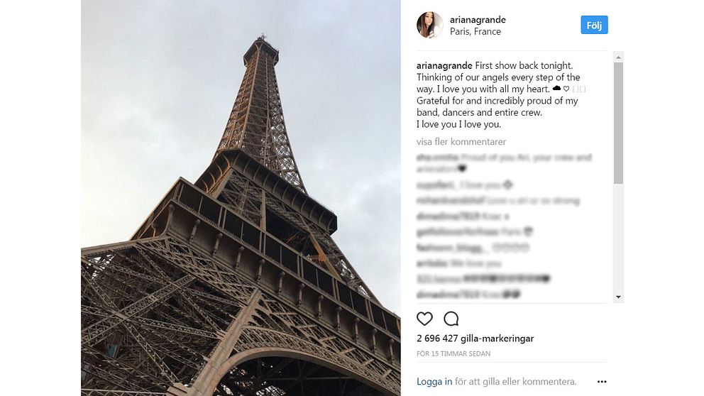 En skärmdump från Ariana Grandes Instagram-konto. Ett fotografi av Eiffeltornet taget underifrån.