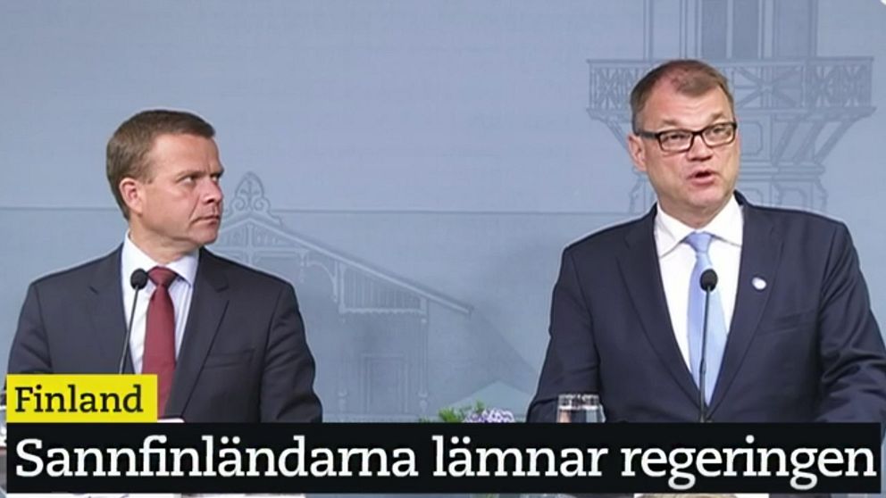 Juha Sipilä håller presskonferens efter att ha haft krismöte med den finska regeringen om Sannfinländarnas nytilltredde partiledare.