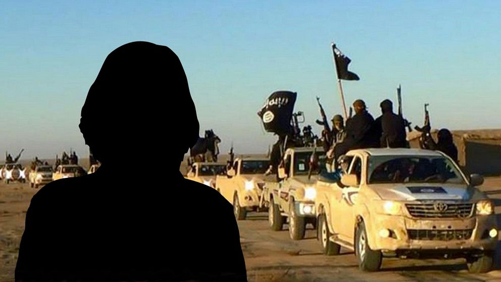 anonym silhuett av person, över bild av IS-krigare i bilar