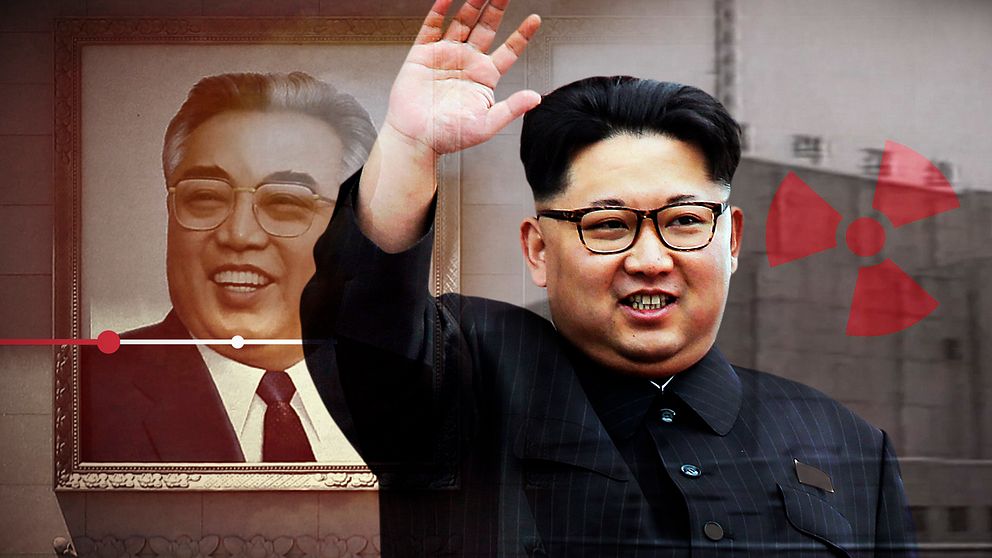 Montage: Kim Jong Un vinkar. Norkoreanskt kärnkraftverk i bakgrunden.