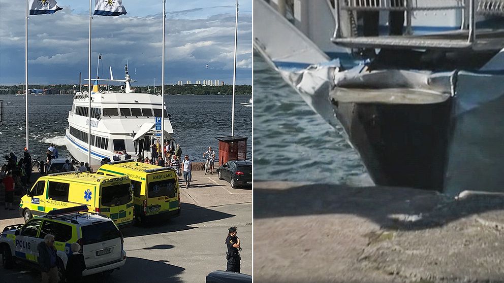 Passagerarbåten fick inte i full back utan kolliderade med kajen – elva personer skadades.