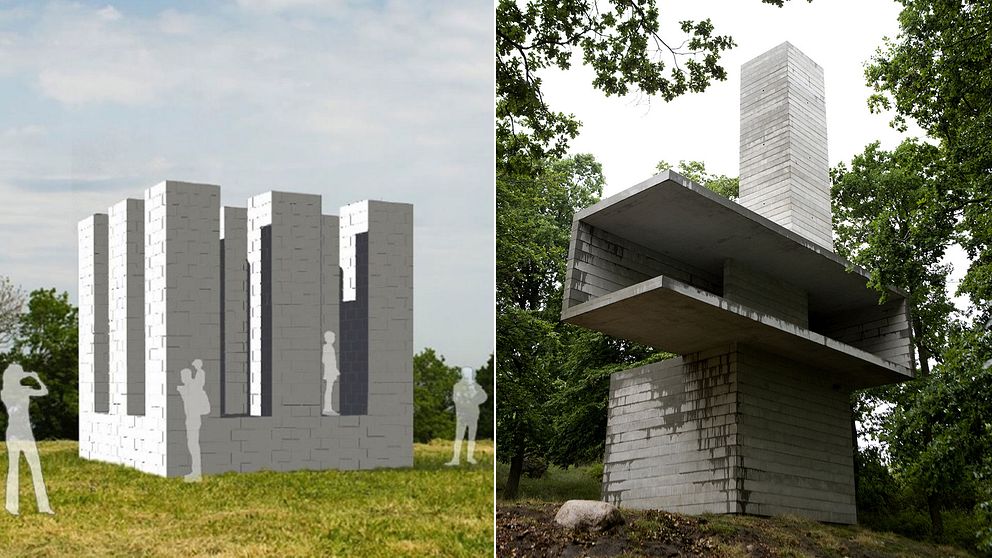 En konceptbild av det nya verket ”Nine Towers”. Till höger Antony Gormleys 18 meter höga torn, som skapade en åtta år lång juridisk konflikt med Ulf Lundell.