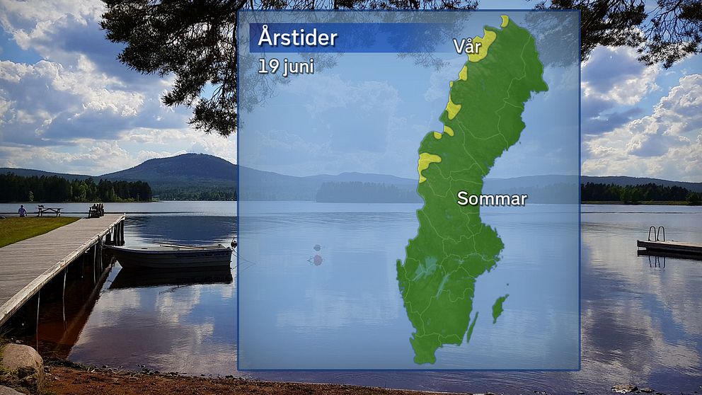 Årstidernas läge efter temperaturdygnet den 19 juni: Grönt betyder att sommaren anlänt (5 dygn över 10 grader) och gult betyder vår.