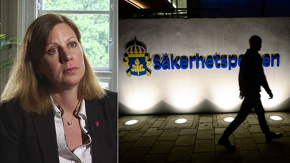 Christina Kiernan, samordnare mot våldsbejakande extremism i Stockholms stad, samt Säpos logotyp i mörker.