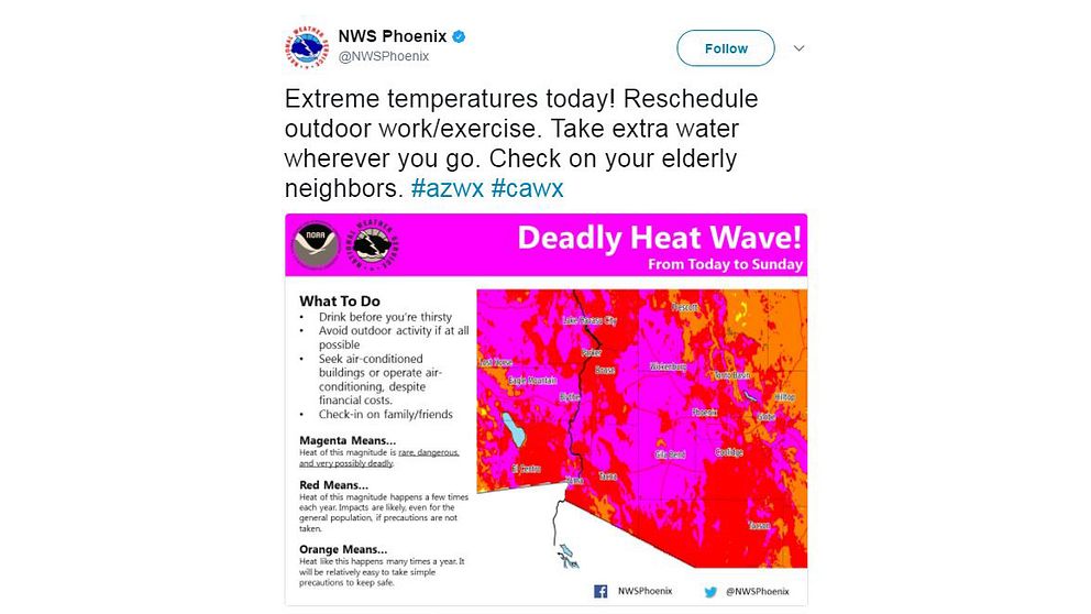 Flera meteorolograpporter visar värmeskalan i magenta, en neonaktig lilarosa färg som markerar extrem hetta.