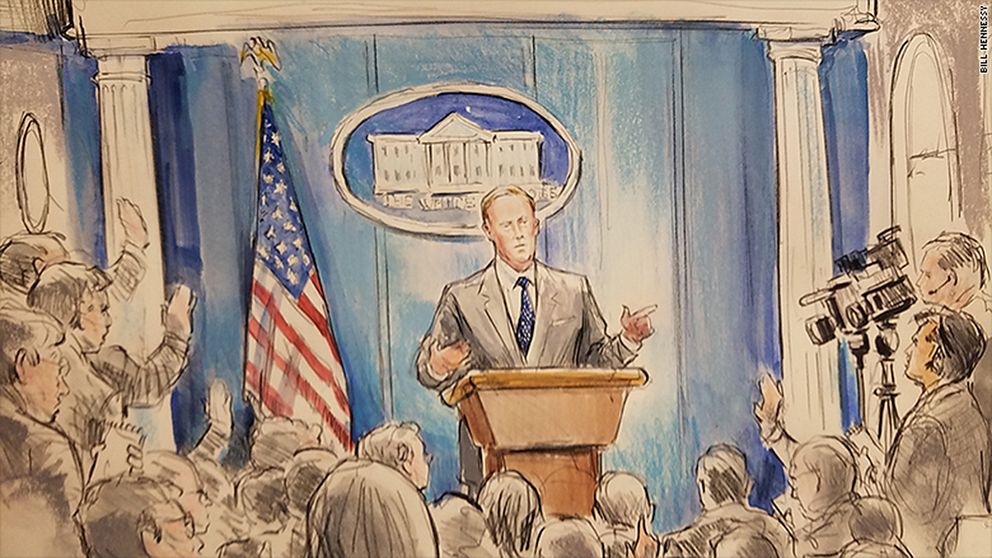 Bill Hennessys teckning av Sean Spicer vid Vita husets presskonferens i fredags.