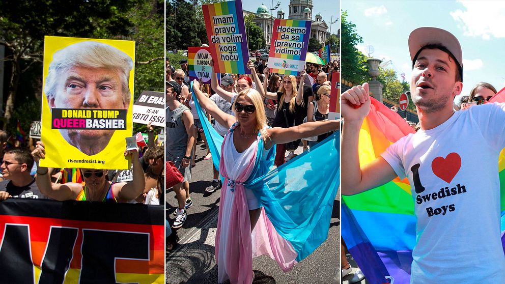 Ögonblicksbilder ut Pride-firande i New York, Belgrad och Paris i helgen.