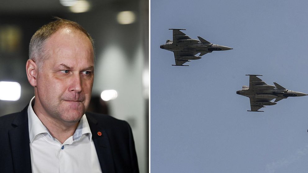 Jonas Sjöstedt (V) till vänster, Jas-gripen till höger