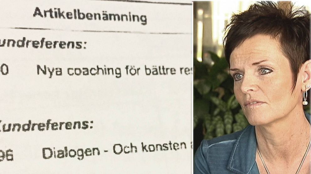 Lena Thelins porträtt och faktura på kurslitteratur