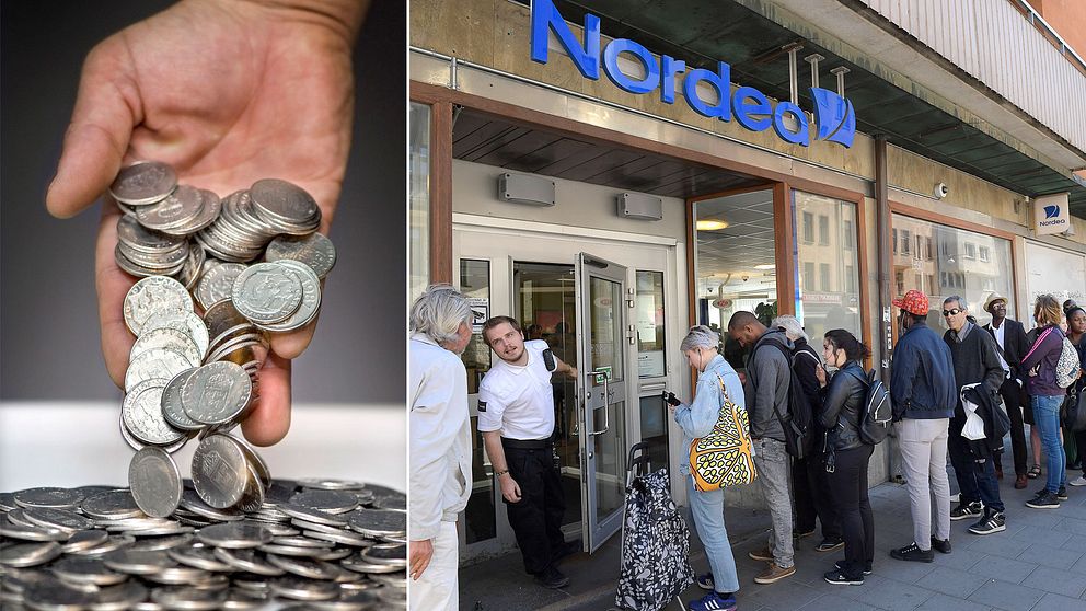 Köande bankkunder utanför bankkontoret i väntan på att få sätta in mynt som blir ogiltiga efter den sista juni.