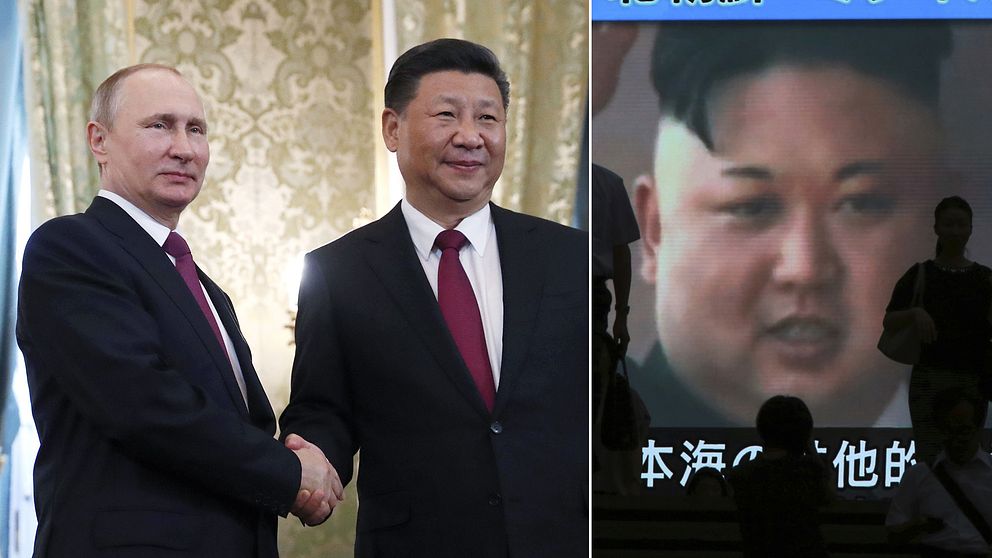 Vladimir Putin och Xi Jinping samt Kim Jong-Un på en skärm.