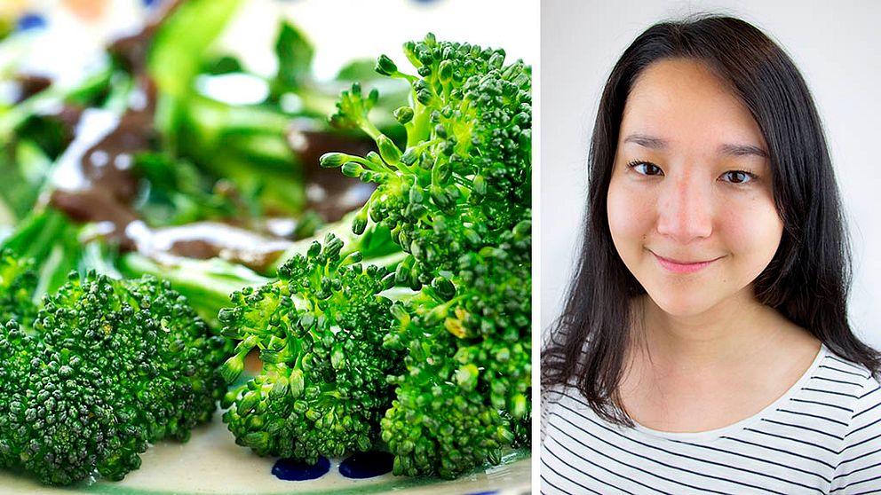 Ett fat med broccoli och forskaren Rosanna Chung.