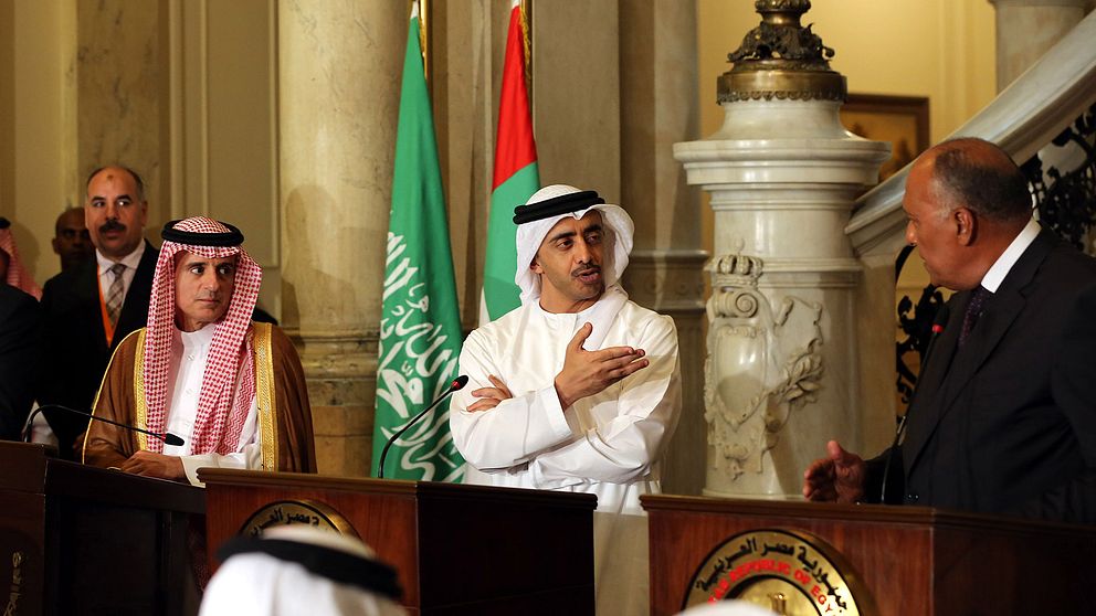 Adel al-Jubeir, utrikesminister Saudiarabien, Abdullah bin Zayed Al-Nahyan, utrikesminister Förenade arabemiraten och Sameh Shoukry, utrikesminister Egypten.