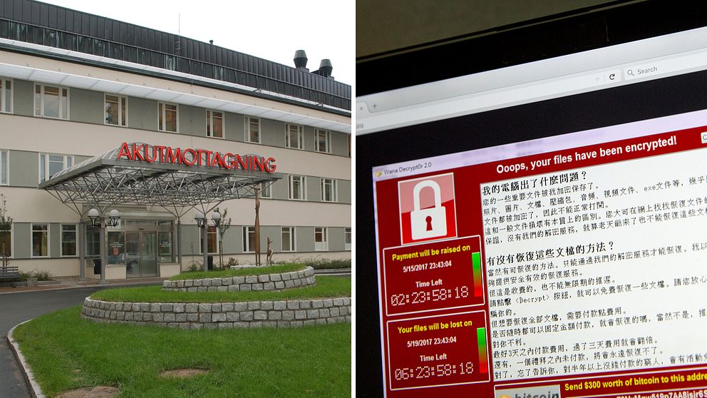 Bild på akutmottagningen vid Akademiska sjukhuset i Uppsala samt en datorskärm med ett lösensumma efter WannaCry-infektion.