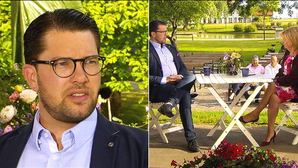 SD-ledaren Jimmie Åkesson intervjuas av Marianne Rundström i Gomorron Sverige i Almedalen.