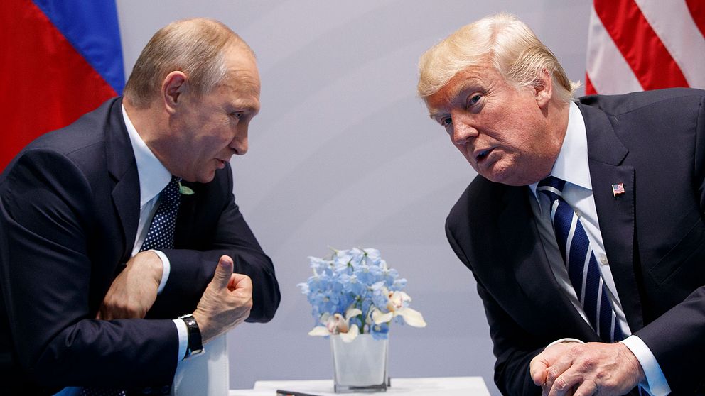Vladimir Pution och Donald Trump talar under G-20 mötet i Hamburg.