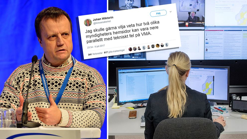 Bildmontage: försvarsexperten Johan Wiktorin och skärmdump av en av hans tweets och bild från MSB.