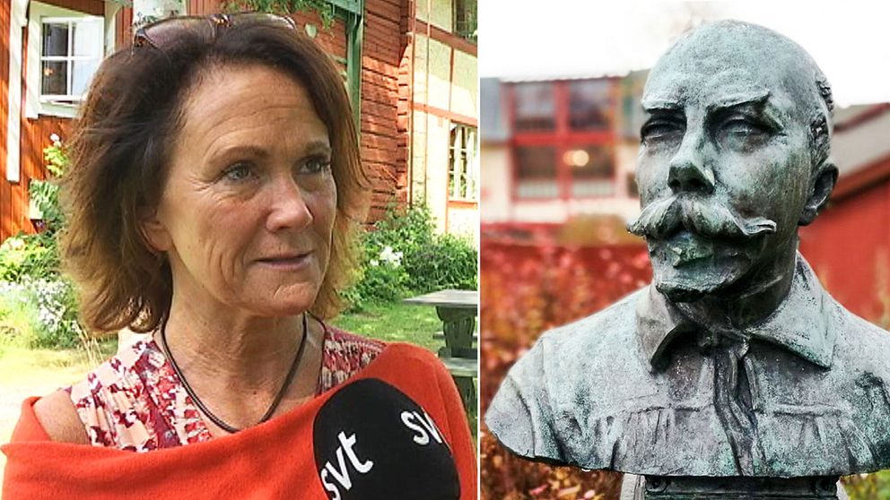 Chia Jonsson bredvid en staty på Carl-Larsson.