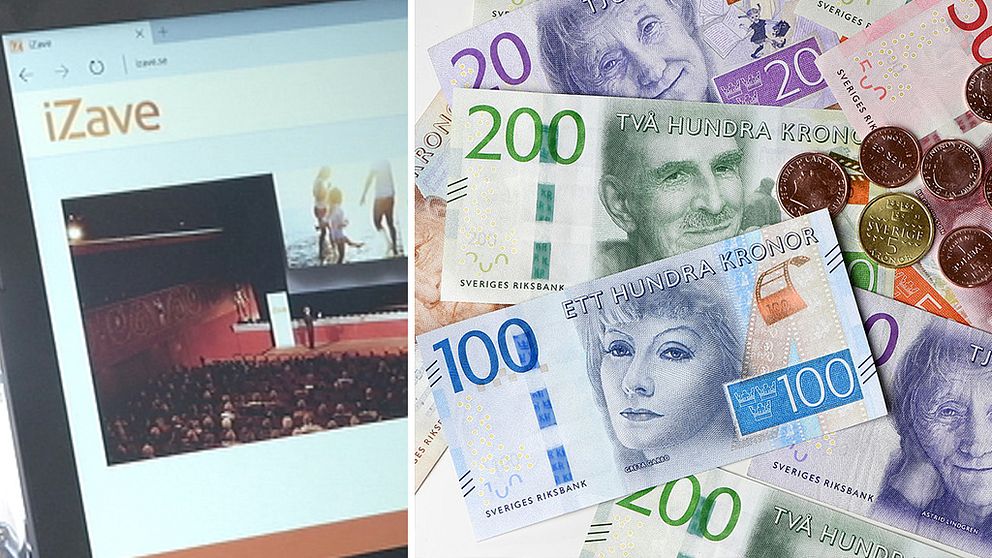Skärmdump på Izaves hemsida och bild på svenska pengar.