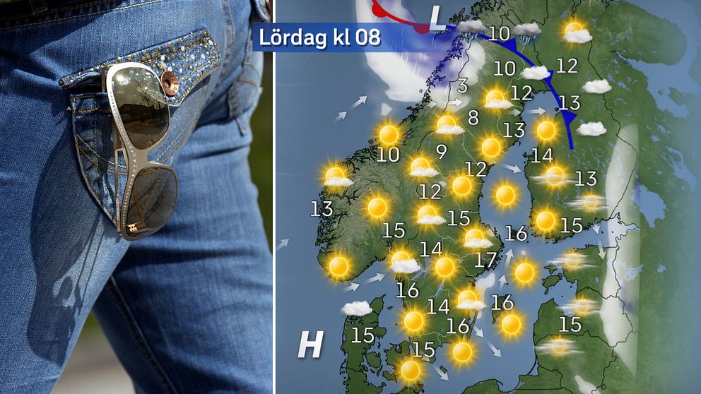 solglasögon i backfickan på jeansrumpa, solig väderkarta
