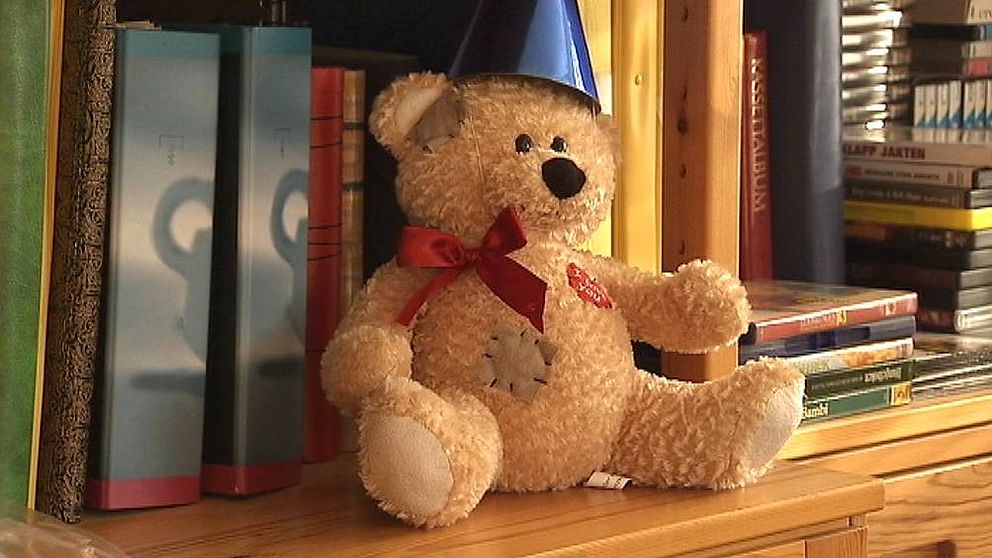 Teddybjörn i bokhylla