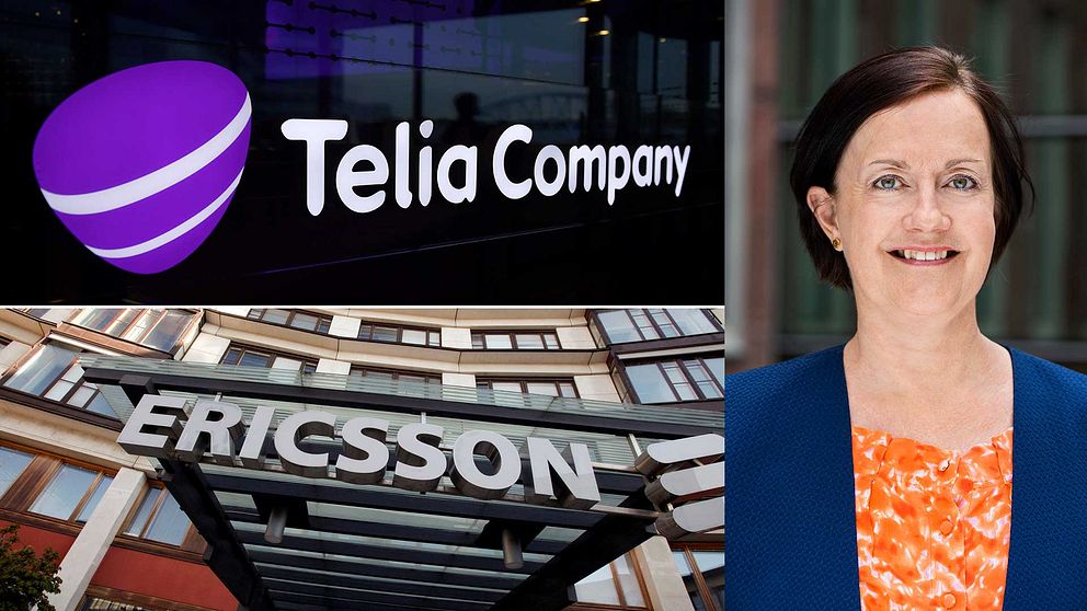Bild på Telias och Ericssons företagsskyltar och en porträttbild på Ingela Gabrielsson.