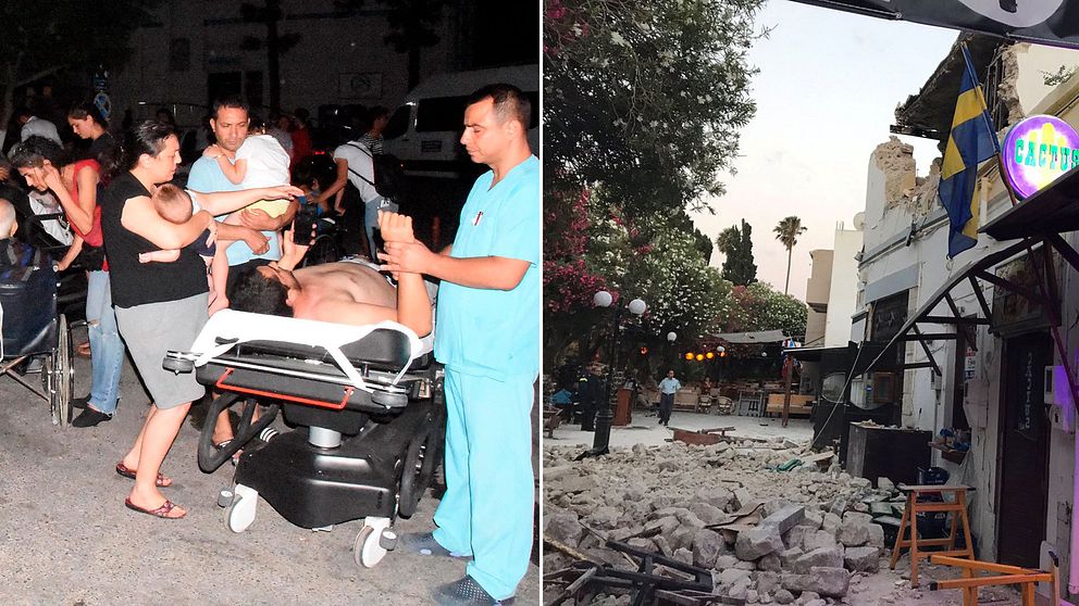 Bilder från Bodrum i Turkiet där människor får hjälp av sjukvårdspersonal, samt från en pub på Kos där taket rasade in efter skalvet.