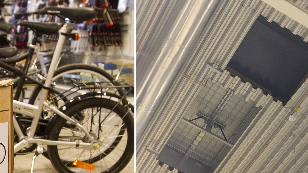 Cyklar i en cykelaffär och en bild på ett tak i ett montage