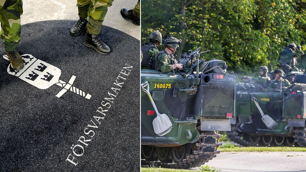 Försvarsmaktens logotyp på en matta samt soldater på Gotland.