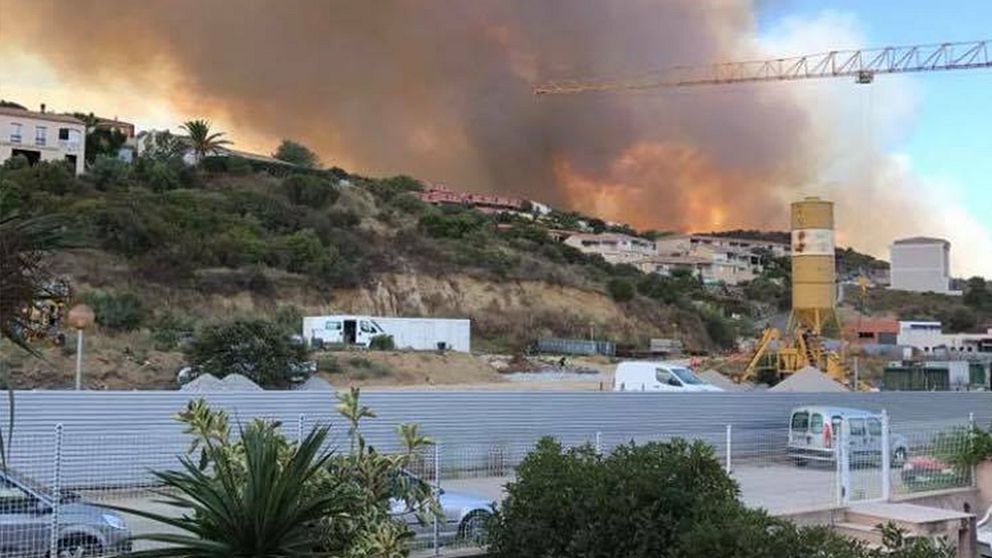 Brand vid ett skogsparti på ett berg.