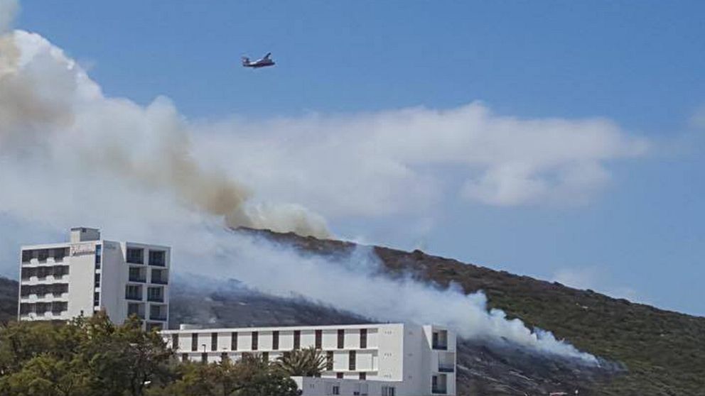 Brand vid ett skogsparti på ett berg. Flyglan flyger ovanför rökmolnen.