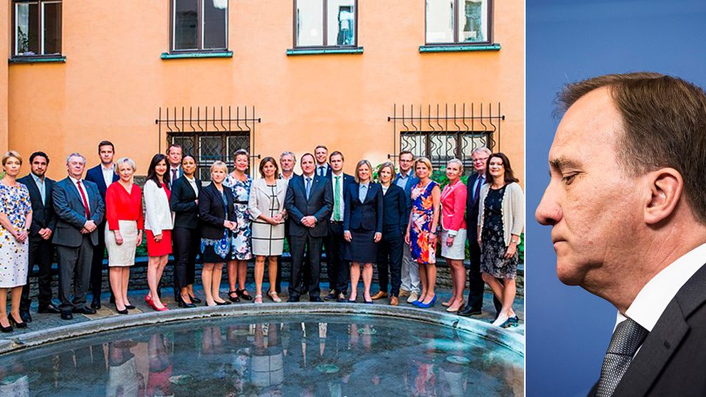 Till vänster: Sveriges regering på gruppbild. Statsminister Löfven till höger.