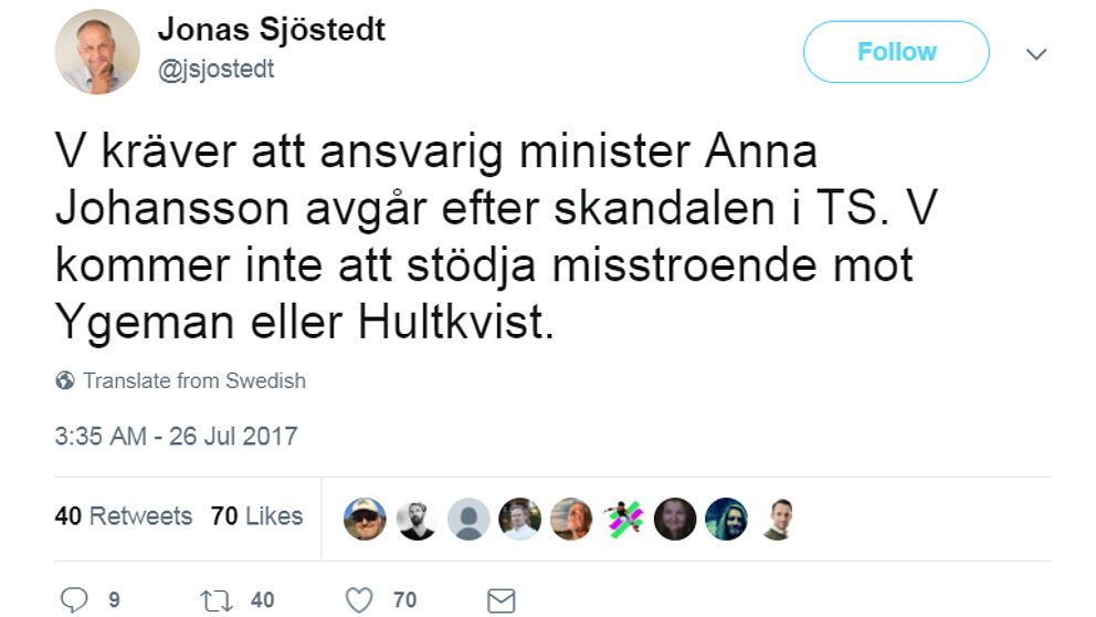 ”V kräver att ansvarig minister Anna Johansson avgår efter skandalen i Transportstyrelsen. V kommer inte att stödja misstroende mot Ygeman eller Hultkvist”, skriver Jonas Sjöstedt (V) på Twitter.