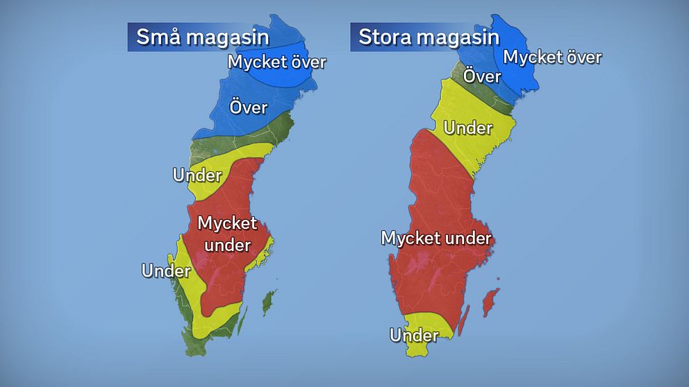 Grundvattennivåernas avvikelse från det normala i juli för små respektive stora magasin. Källa: SGU (Sveriges geologiska undersökning).